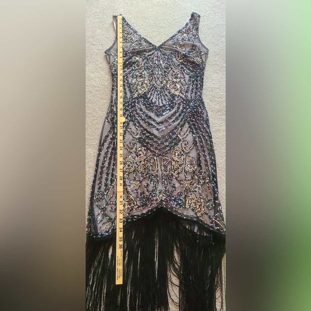 Embellished V-Neck Fringe Midi Dress in Black and Pink - Picture 12 of 16